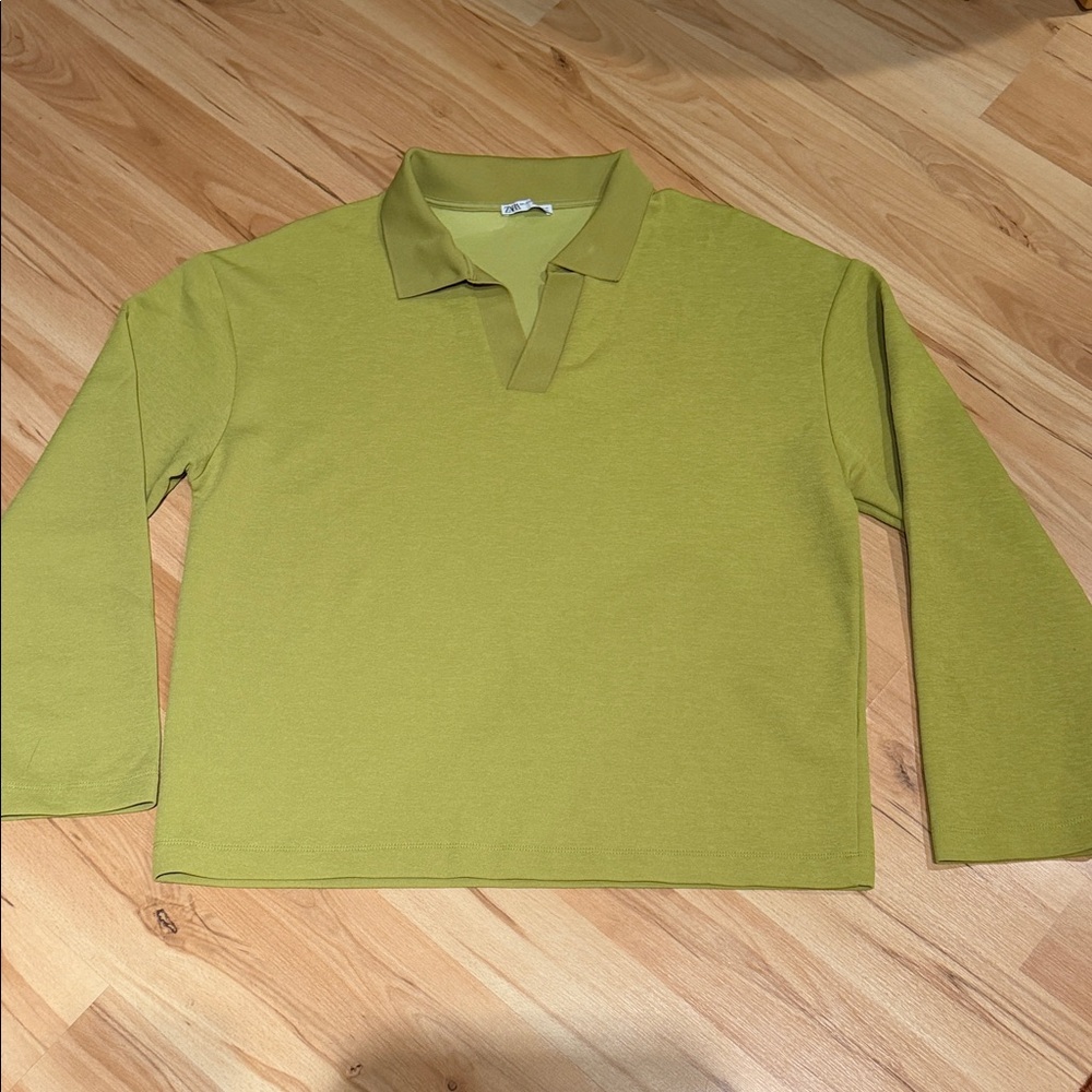 ZARA Olive Green Knit Long Sleeve Polo Shirt | Men’s Size L